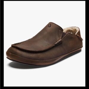 Olukai Moloa Premium Leather Slippers Genuine Shearling Slip-on ShoesDk Wood M10